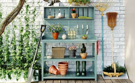 TOPMAX 65" Large Wooden Farmhouse Rustic Outdoor Potting Bench Table, Patio Workstation, Garden Potting Bench with 4 Storage Shelves and Side Hoo