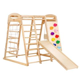VEVOR Indoor Jungle Gym, 7-in-1 Toddler Indoor Playground, Wooden Toddler Climbing Toys Indoor with Wood & Rope Ladder, Net Ladder, Swing, Monkey