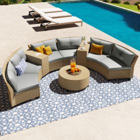 [VIDEO provided] 6 - Person Fan-shaped Rattan Suit Combination with Cushions and Table; Suitable for Garden (Color: GRAY)