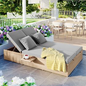 Outdoor Double Sunbed; Wicker Rattan Patio Reclining Chairs with Adjustable Backrest and Seat; Conversational Set for 2 Person (Color: BROWN)