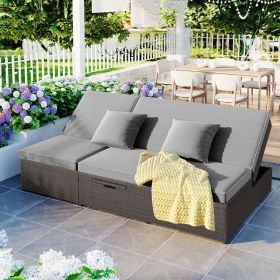 Outdoor Double Sunbed; Wicker Rattan Patio Reclining Chairs with Adjustable Backrest and Seat; Conversational Set for 2 Person (Color: GRAY)