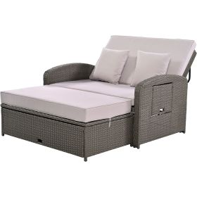PE Wicker Rattan Double Chaise Lounge; 2-Person Reclining Sunbed with 3-Height Adjustable Back; Free Furniture Protection Cover (Color: GRAY)