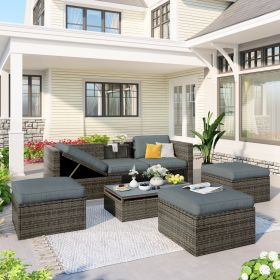 Patio Furniture Sets;  5-Piece Patio Wicker Sofa with Adustable Backrest;  Cushions;  Ottomans and Lift Top Coffee Table (Color: GRAY)
