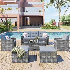 6-piece All-Weather Wicker PE rattan Patio Outdoor Dining Conversation Sectional Set with coffee table, wicker sofas, ottomans (Color: GRAY)