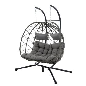 2 Persons Egg Chair with Stand Indoor Outdoor Swing Chair Patio Wicker Hanging Egg Chair Hanging Basket Chair with Stand for Bedroom Living Room (Color: as Pic)