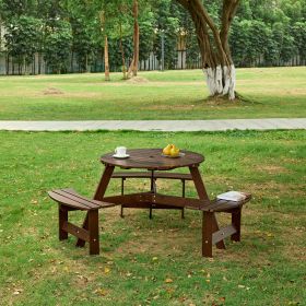 Outdoor 6 Person Picnic Table, 6 person Round Picnic Table with 3 Built-in Benches, Umbrella Hole, Outside Table and Bench Set for Garden, Backya (Color: BROWN, Person: 6)