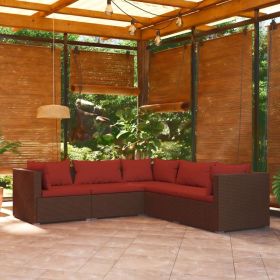 5 Piece Patio Lounge Set with Cushions Poly Rattan Brown (Color: BROWN)