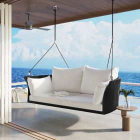 51.9" 2-Person Hanging Seat, Rattan Woven Swing Chair, Porch Swing With Ropes (Color: Black White, material: Polyester,Wicker)