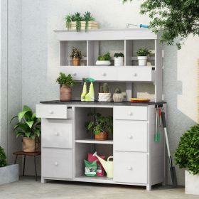 Garden Potting Bench Table, Rustic and Sleek Design with Multiple Drawers and Shelves for Storage (Color: White+gray, material: Wood)